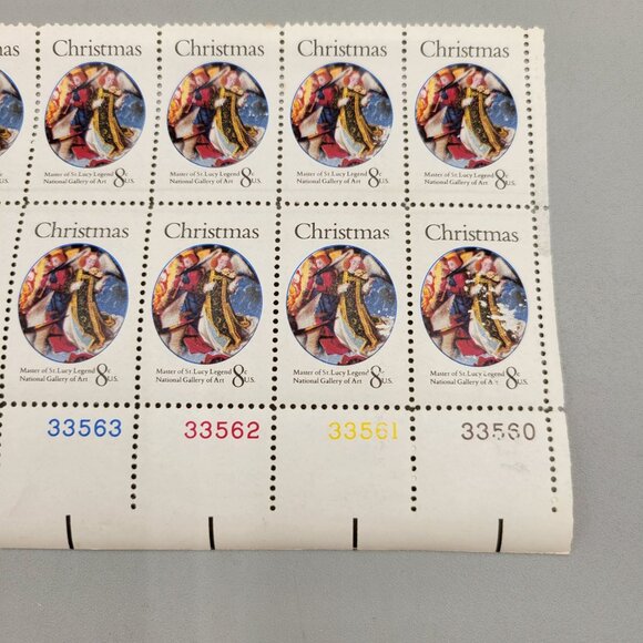 1970s USPS Christmas Master of St Lucy Legend Pane of 12 8 Cent Stamps - Picture 3 of 4